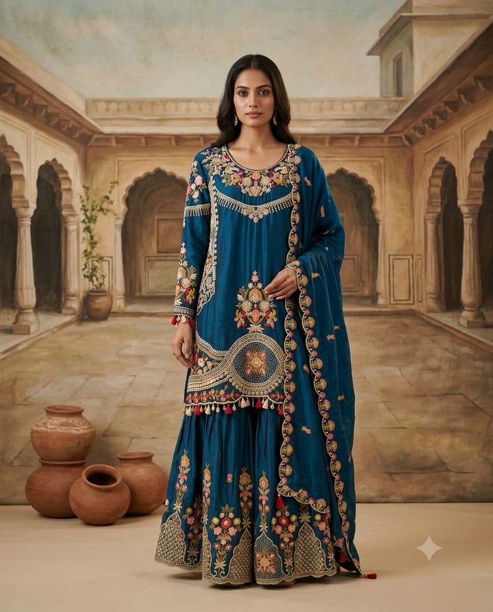 Navy Blue Silk Thread Work Shirt With Skirt Set