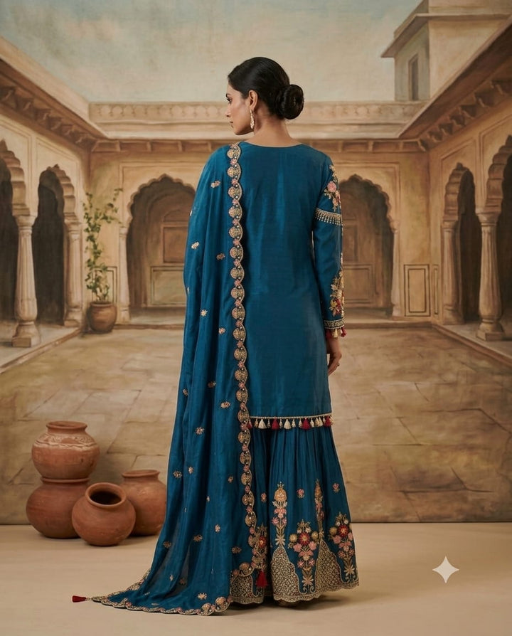 Navy Blue Silk Thread Work Shirt With Skirt Set