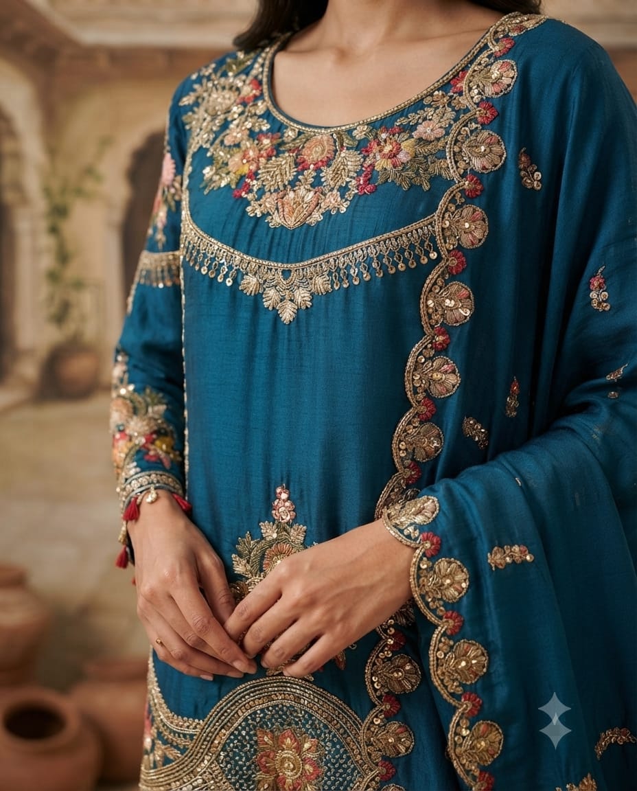 Navy Blue Silk Thread Work Shirt With Skirt Set