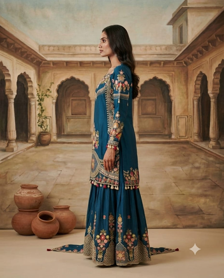 Navy Blue Silk Thread Work Shirt With Skirt Set