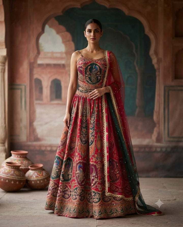 Royal Red Motif Embroidered Silk Lehenga With Zardozi & Net Dupatta