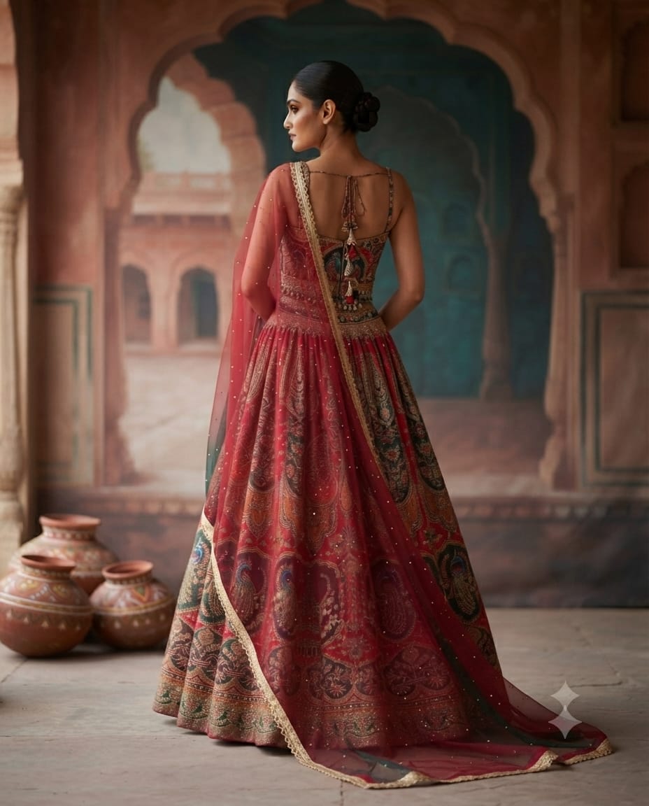 Royal Red Motif Embroidered Silk Lehenga With Zardozi & Net Dupatta