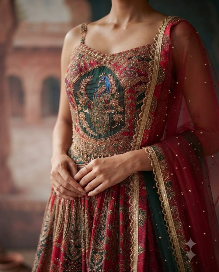 Royal Red Motif Embroidered Silk Lehenga With Zardozi & Net Dupatta