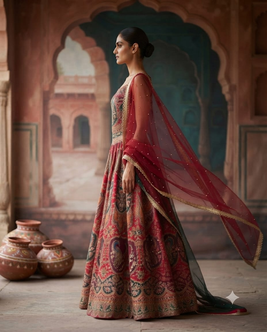 Royal Red Motif Embroidered Silk Lehenga With Zardozi & Net Dupatta