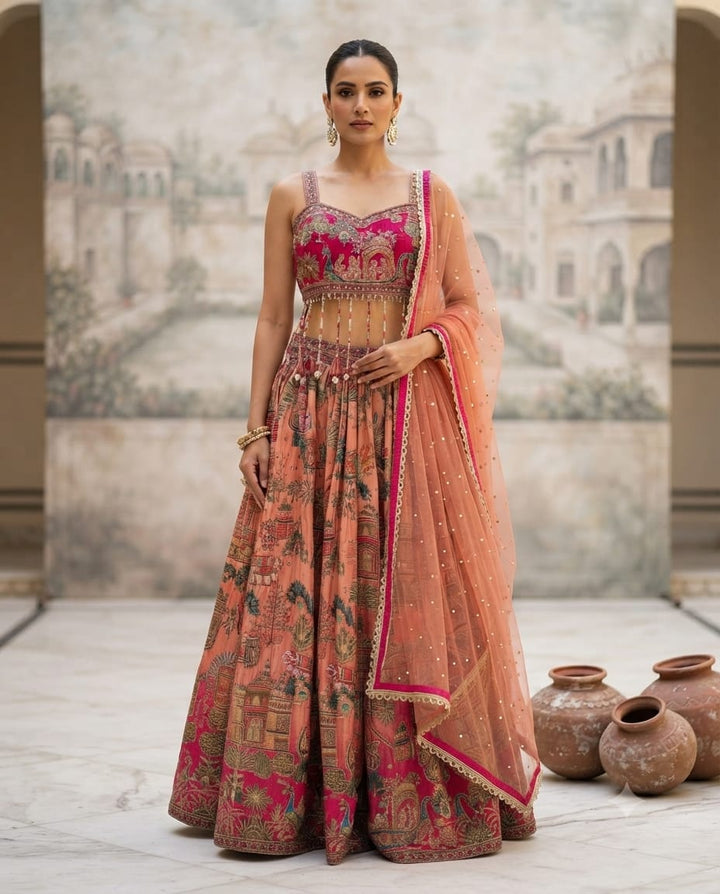 Royal coral-Pink Embroidery Blouse, Tassel Detailing & Embellished  Dhupatta