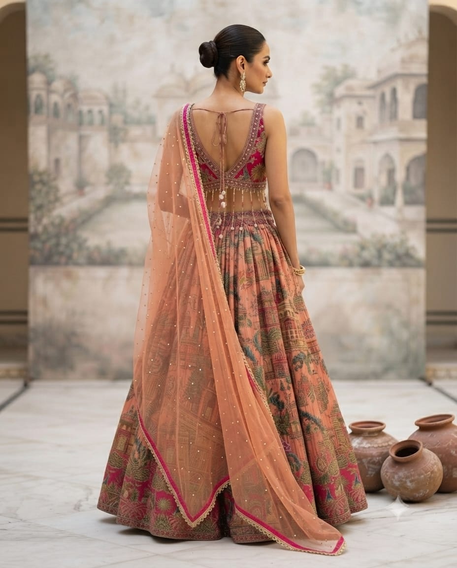 Royal coral-Pink Embroidery Blouse, Tassel Detailing & Embellished  Dhupatta
