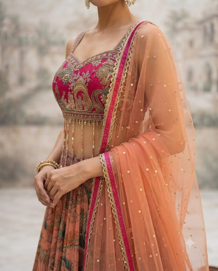 Royal coral-Pink Embroidery Blouse, Tassel Detailing & Embellished  Dhupatta