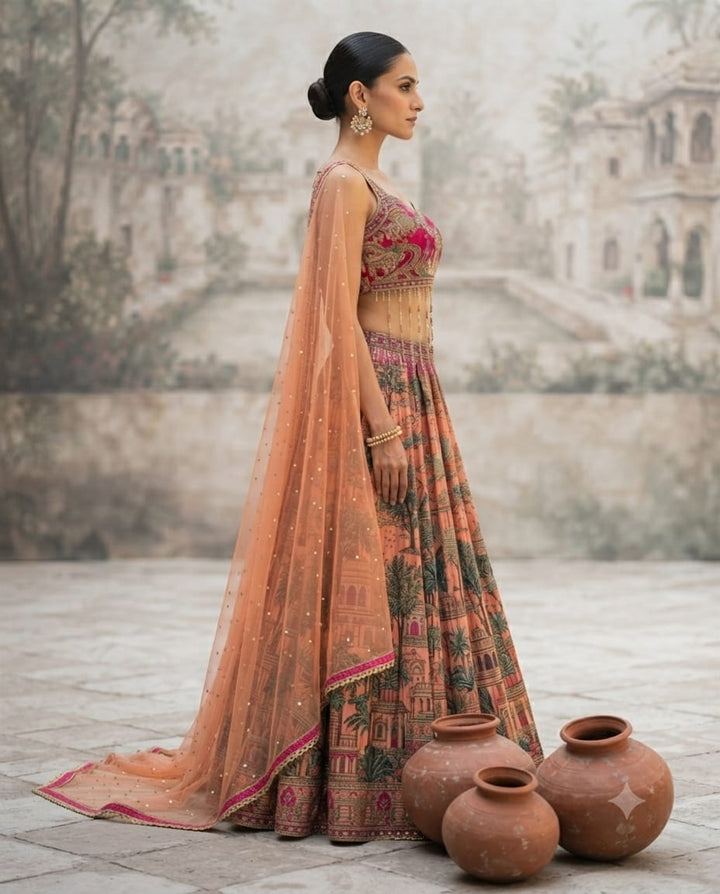 Royal coral-Pink Embroidery Blouse, Tassel Detailing & Embellished  Dhupatta