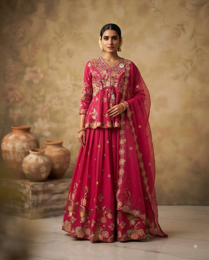 Royal Rani Pink Floral embroidered Shirt And Skirt Set