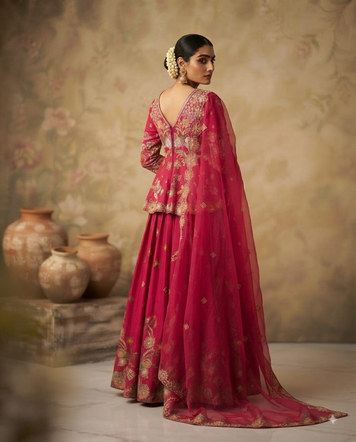 Royal Rani Pink Floral embroidered Shirt And Skirt Set