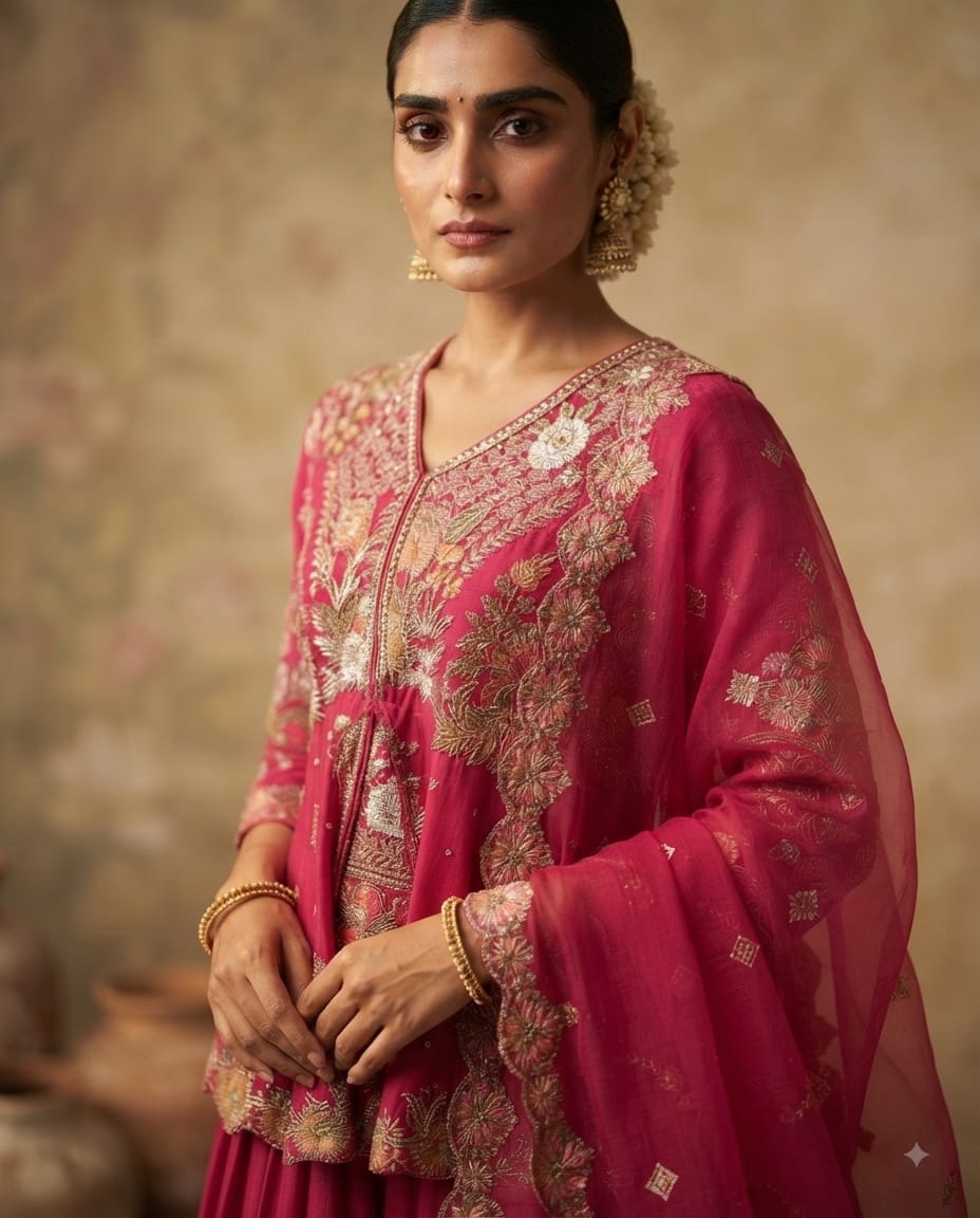Royal Rani Pink Floral embroidered Shirt And Skirt Set