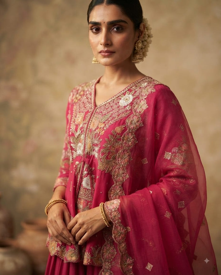 Royal Rani Pink Floral embroidered Shirt And Skirt Set