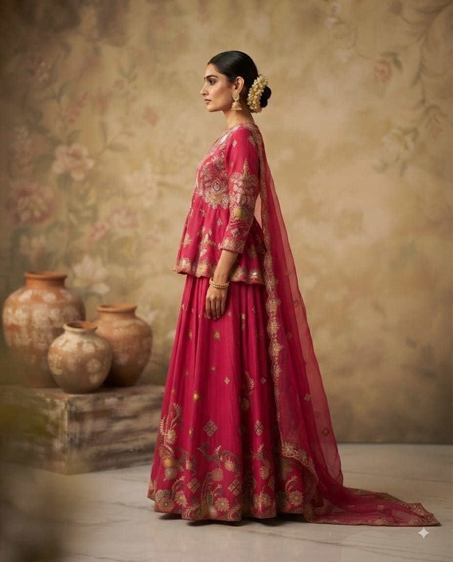 Royal Rani Pink Floral embroidered Shirt And Skirt Set