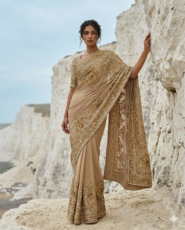 Drop 43 -Ivory gold georgette saree adorned with intricate bead and sequin work.