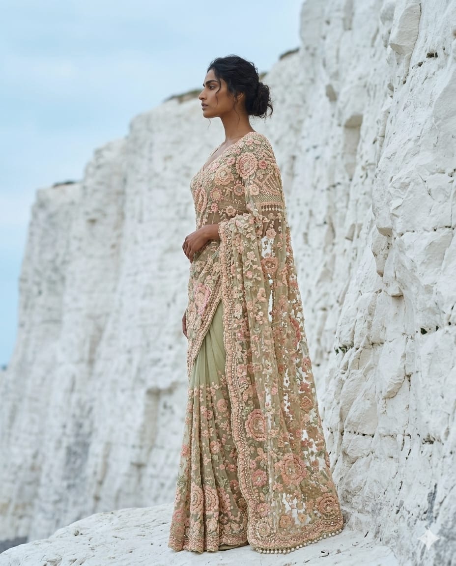 Drop 40 - Pista green net saree with elegant bead embroidery and a stitched blouse.