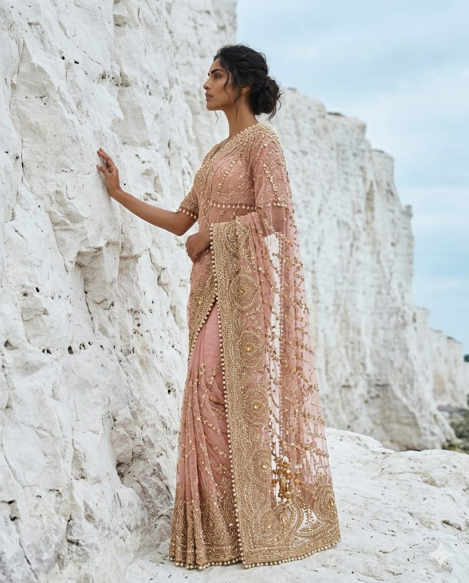 Drop 41-Pink net saree with elegant bead and sequin work, paired with an unstitched blouse