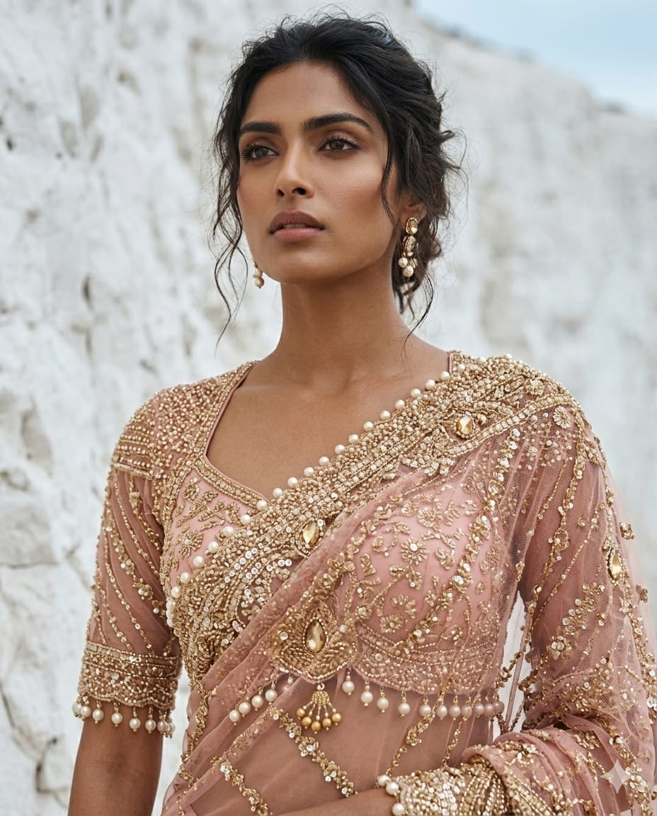 Drop 41-Pink net saree with elegant bead and sequin work, paired with an unstitched blouse
