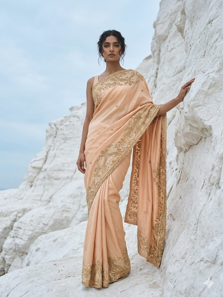 Drop 42 - Peach Banarasi silk saree adorned with intricate bead and sequin work.