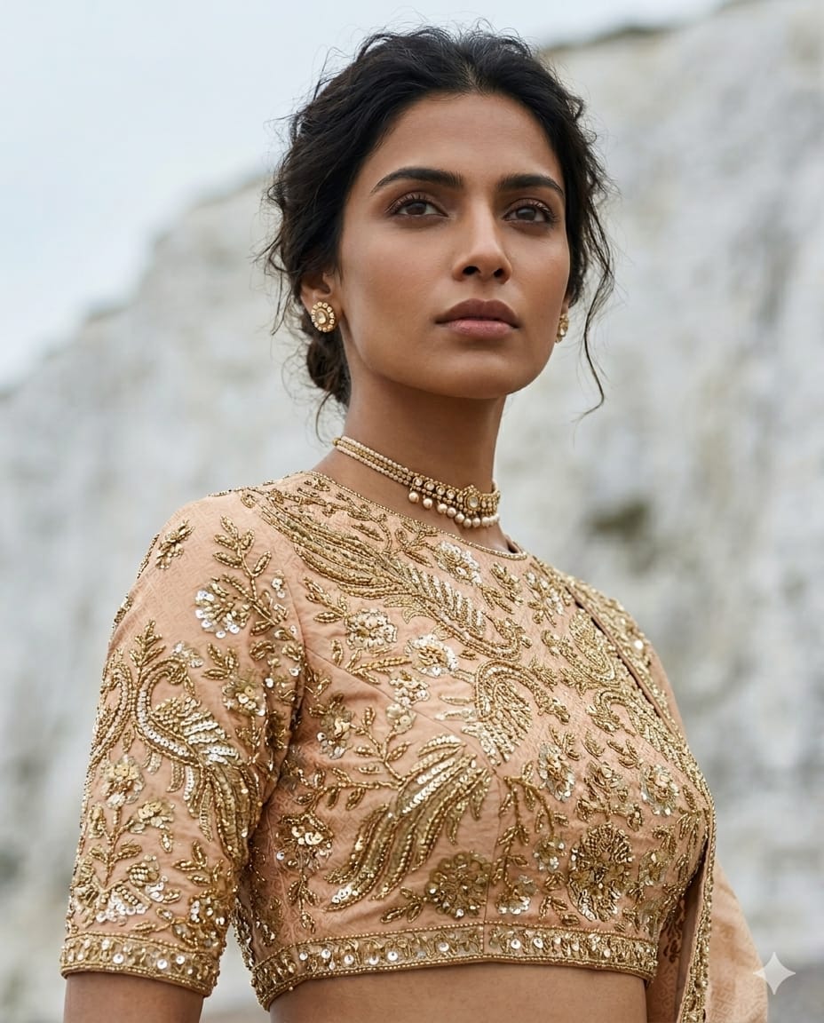 Drop 42 - Peach Banarasi silk saree adorned with intricate bead and sequin work.