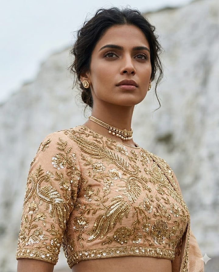 Drop 42 - Peach Banarasi silk saree adorned with intricate bead and sequin work.