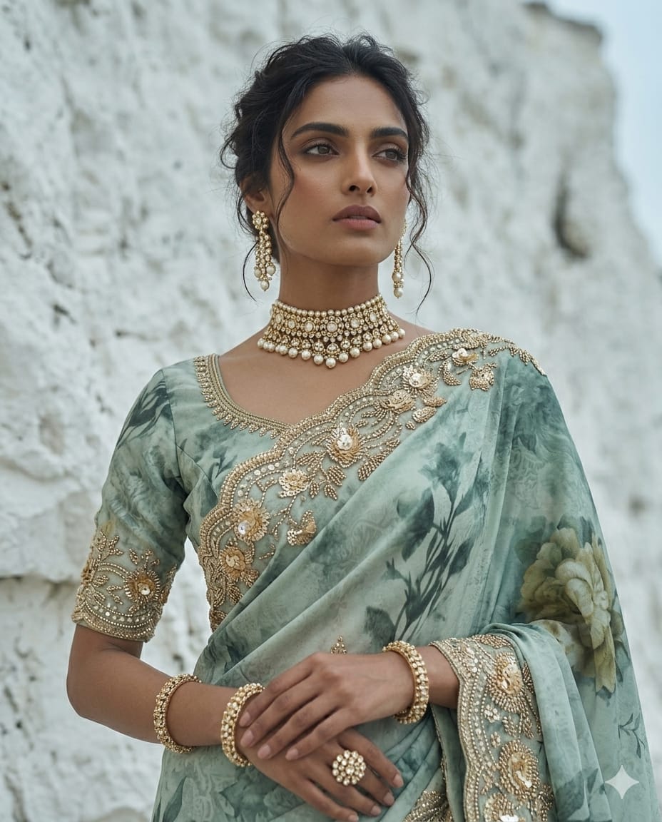 Drop 44 - Elegant green saree adorned with intricate bead and sequin embroidery.