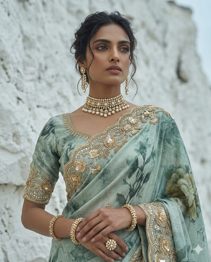Drop 44 - Elegant green saree adorned with intricate bead and sequin embroidery.
