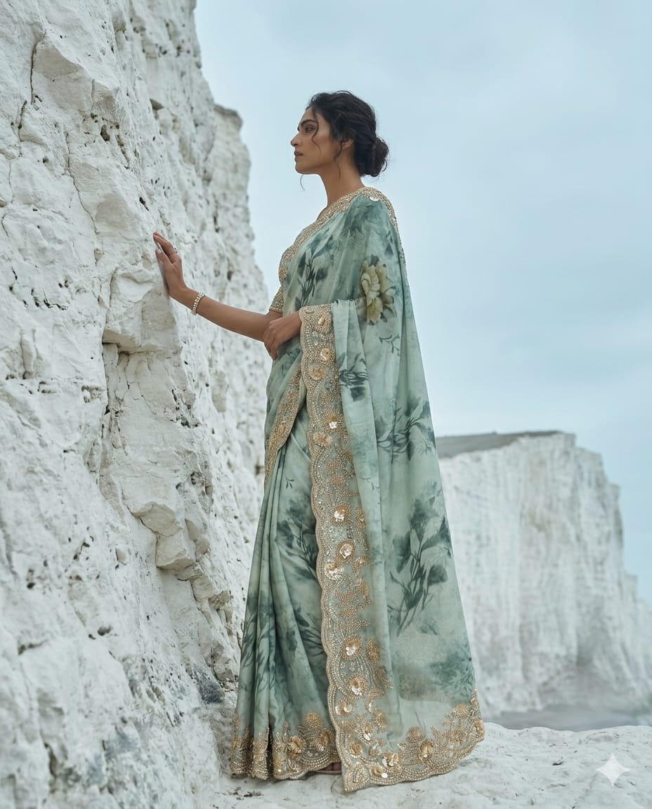 Drop 44 - Elegant green saree adorned with intricate bead and sequin embroidery.