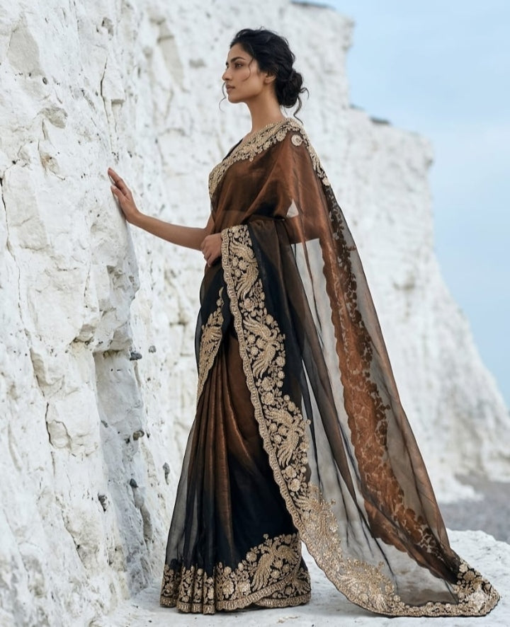Drop 46 - Grace meets luxury in this beautifully embroidered black tissue saree.