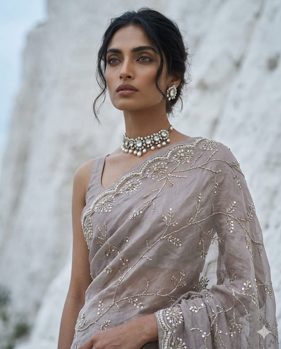 Drop 45 - Elegant grey tissue saree adorned with delicate beadwork.