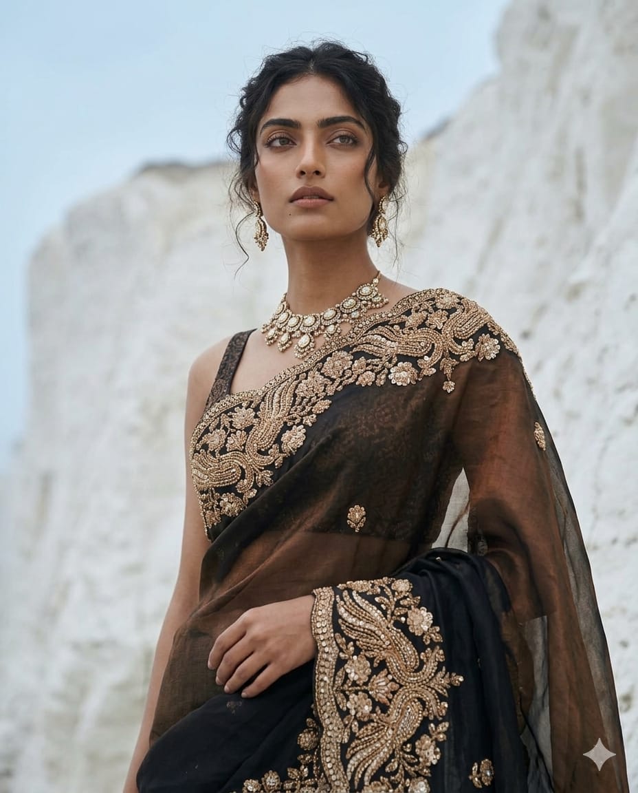 Drop 46 - Grace meets luxury in this beautifully embroidered black tissue saree.