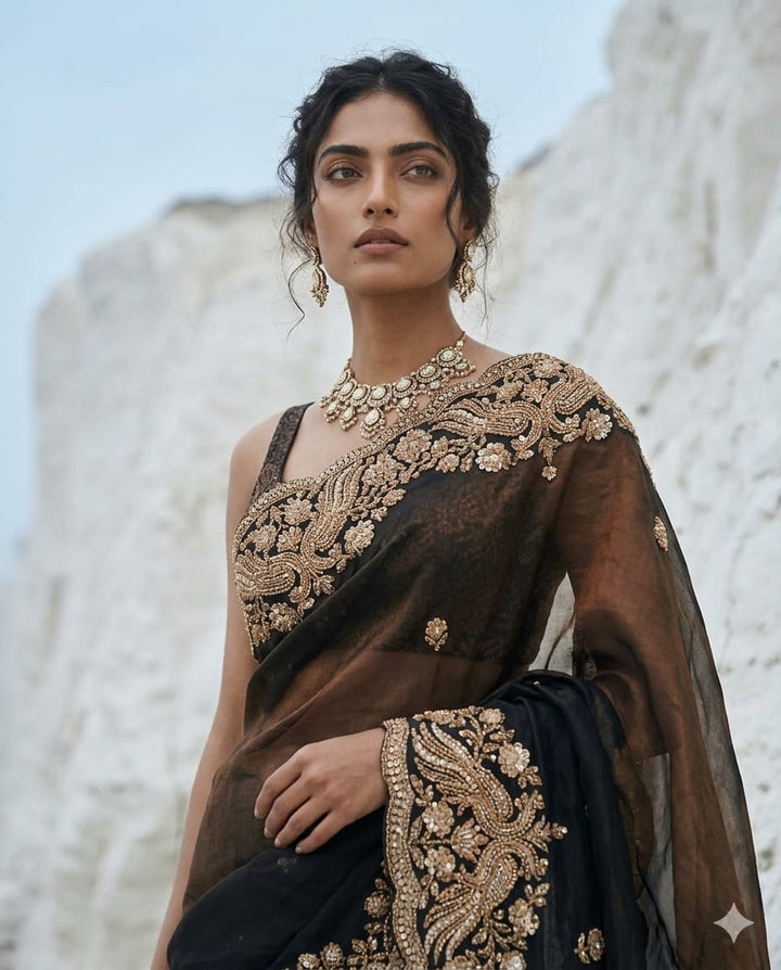 Drop 46 - Grace meets luxury in this beautifully embroidered black tissue saree.