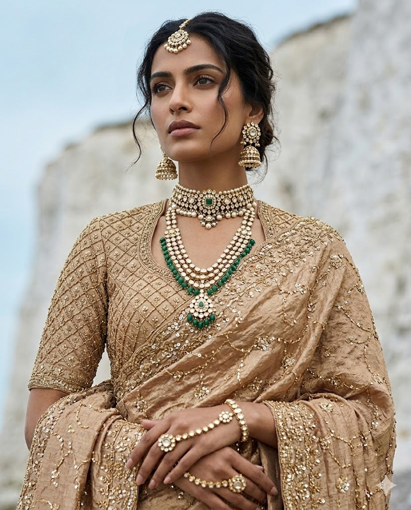 Drop 47 - Gold Beige Silk Saree with Bead & Sequin Embroidery.
