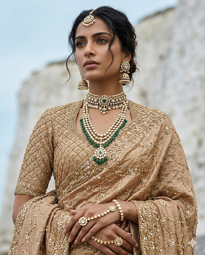 Drop 47 - Gold Beige Silk Saree with Bead & Sequin Embroidery.