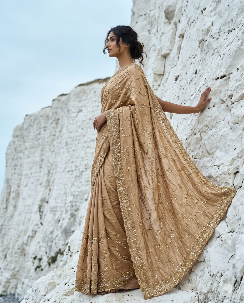 Drop 47 - Gold Beige Silk Saree with Bead & Sequin Embroidery.