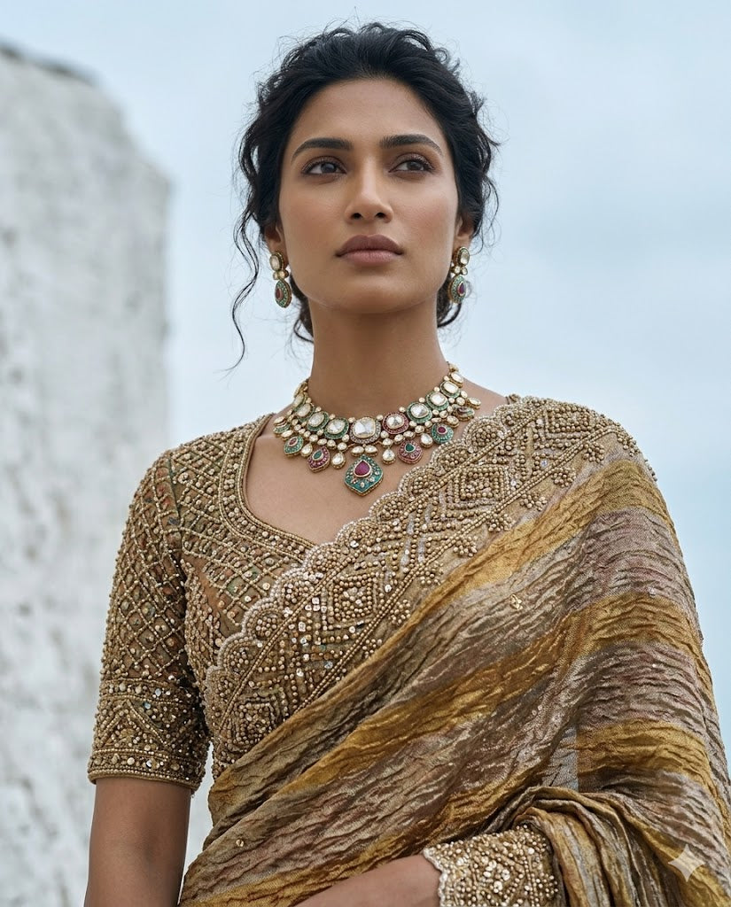 Drop48 -Multi Crushed Tissue Saree with bead & sequin embroidery. Unstitched blouse include