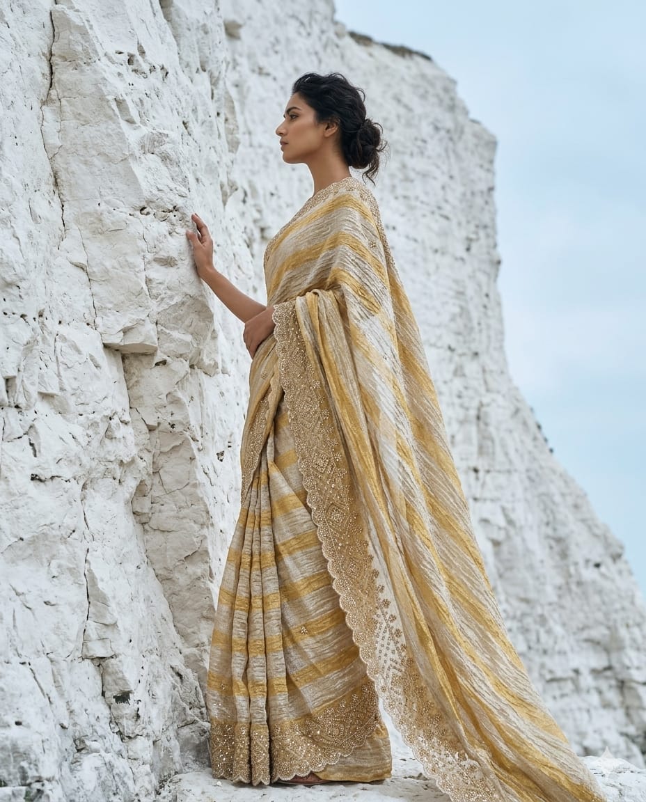 Drop48 -Multi Crushed Tissue Saree with bead & sequin embroidery. Unstitched blouse include