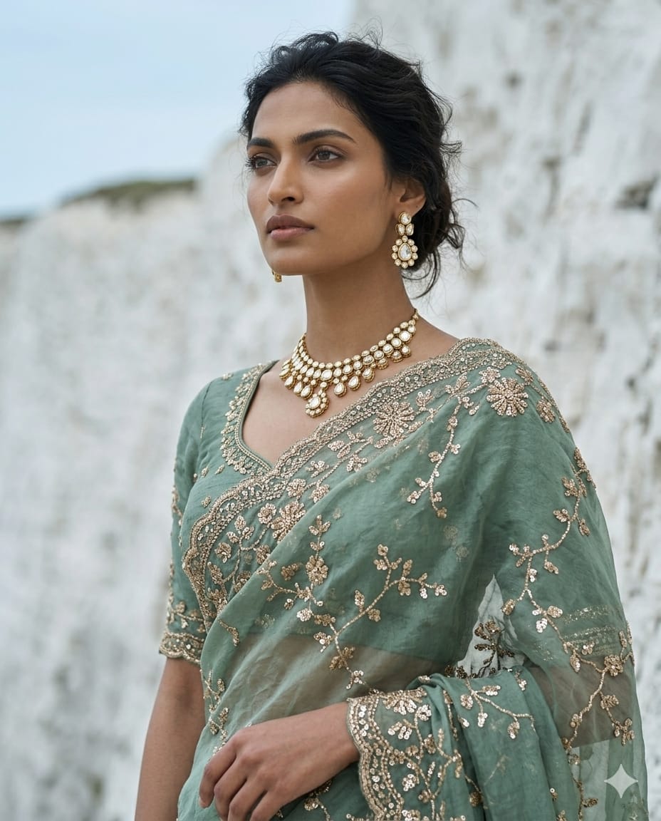 Drop 50 - Sage Green Organza Saree with elegant bead embroidery and unstitched blouse.