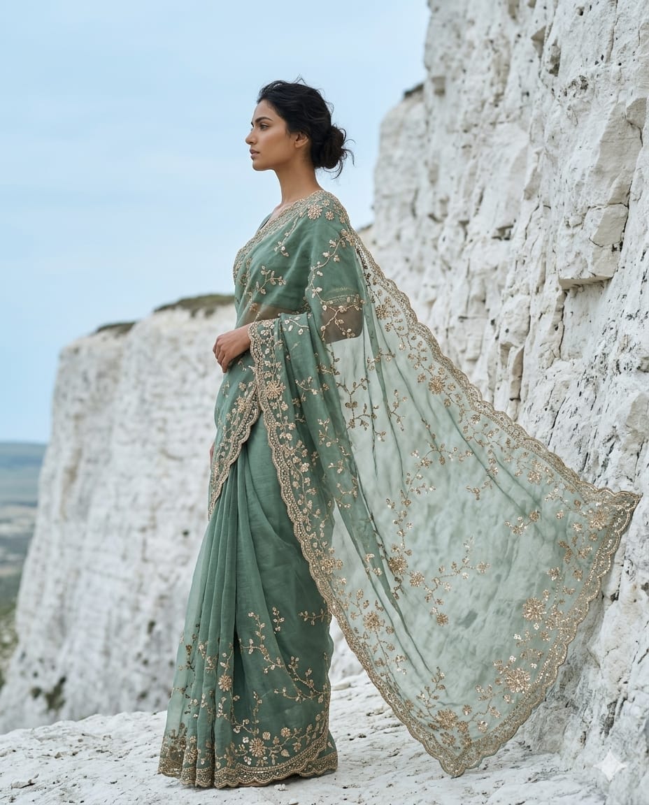 Drop 50 - Sage Green Organza Saree with elegant bead embroidery and unstitched blouse.