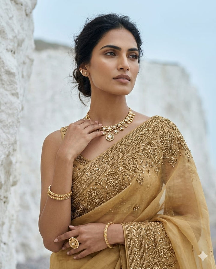 Drop 49 - Golden Organza Saree with bead & sequin embroidery and unstitched blouse.