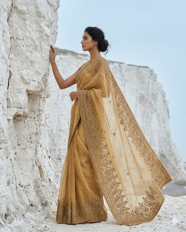 Drop 49 - Golden Organza Saree with bead & sequin embroidery and unstitched blouse.