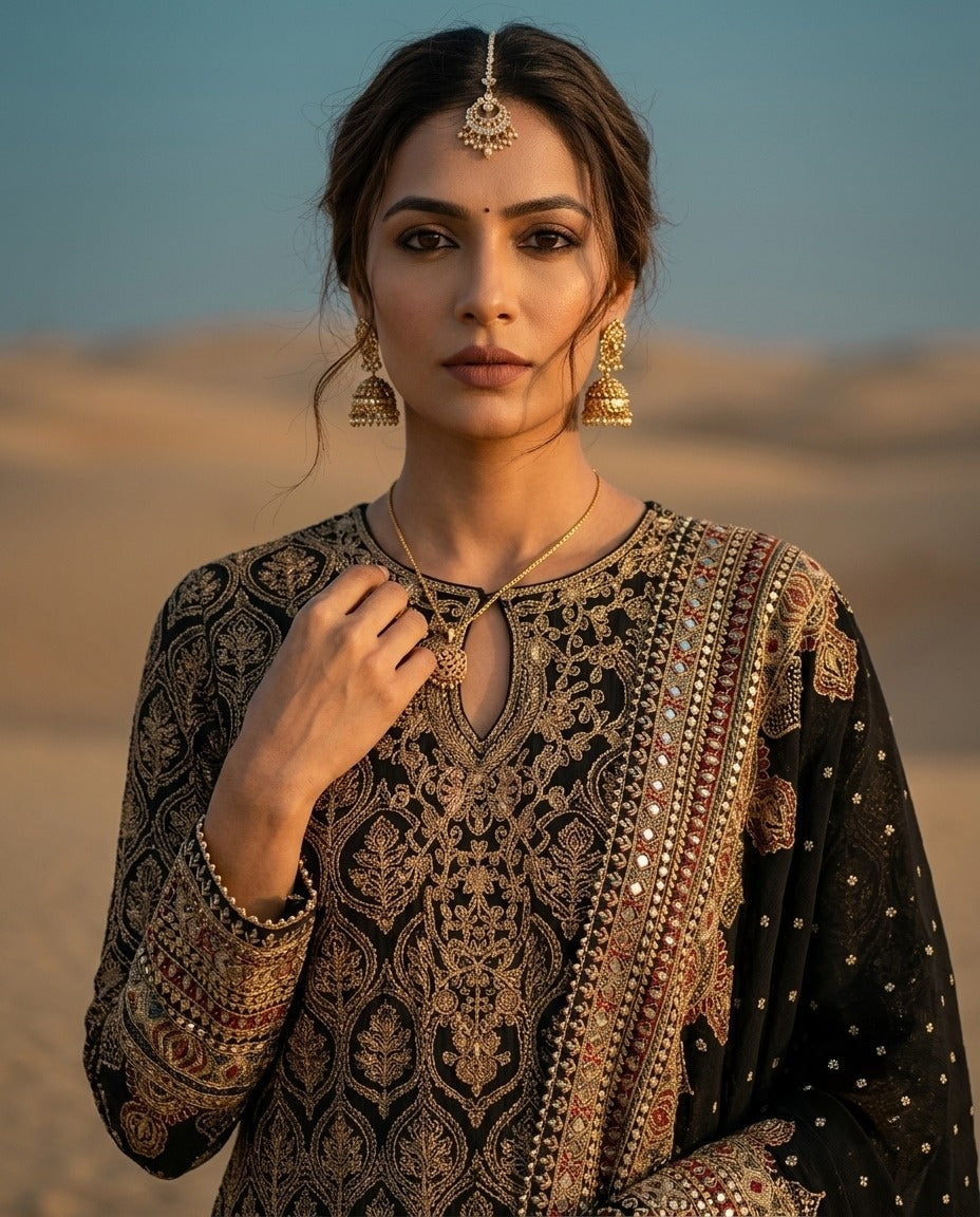 Black Printed Crepe Kurta with Farshi Salwar & Printed Dupatta Set
