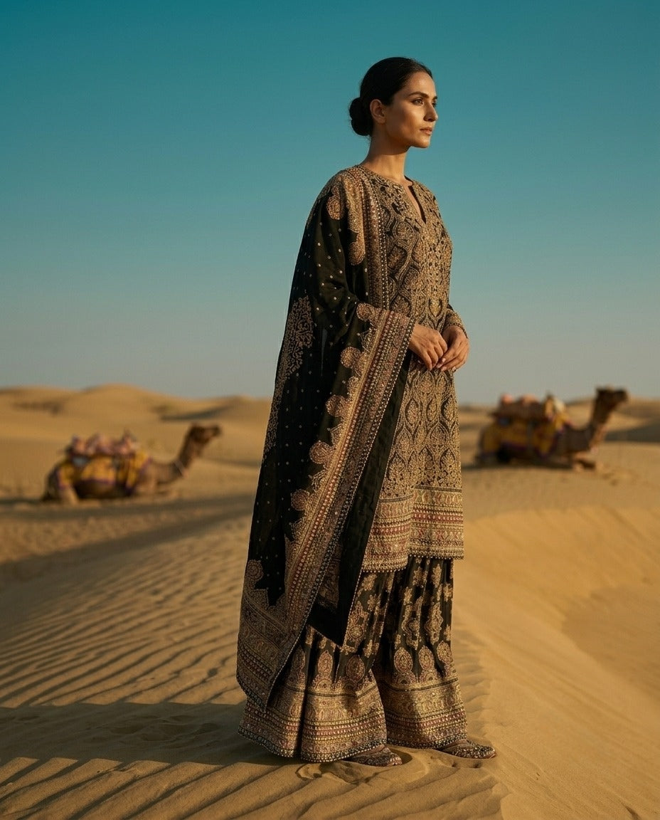 Black Printed Crepe Kurta with Farshi Salwar & Printed Dupatta Set