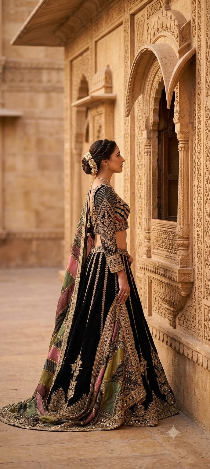 Navy Blue Crepe Lehenga with heavy dori embroidery.