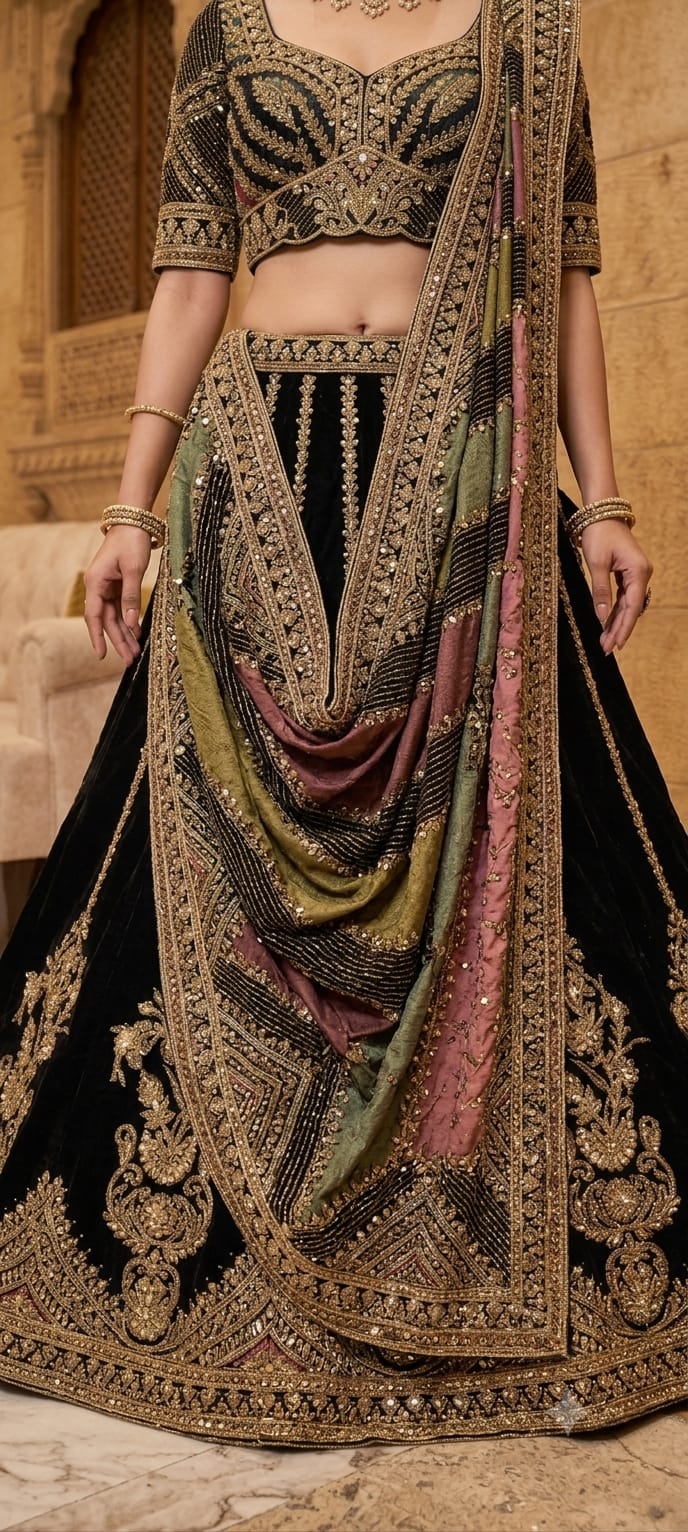 Navy Blue Crepe Lehenga with heavy dori embroidery.
