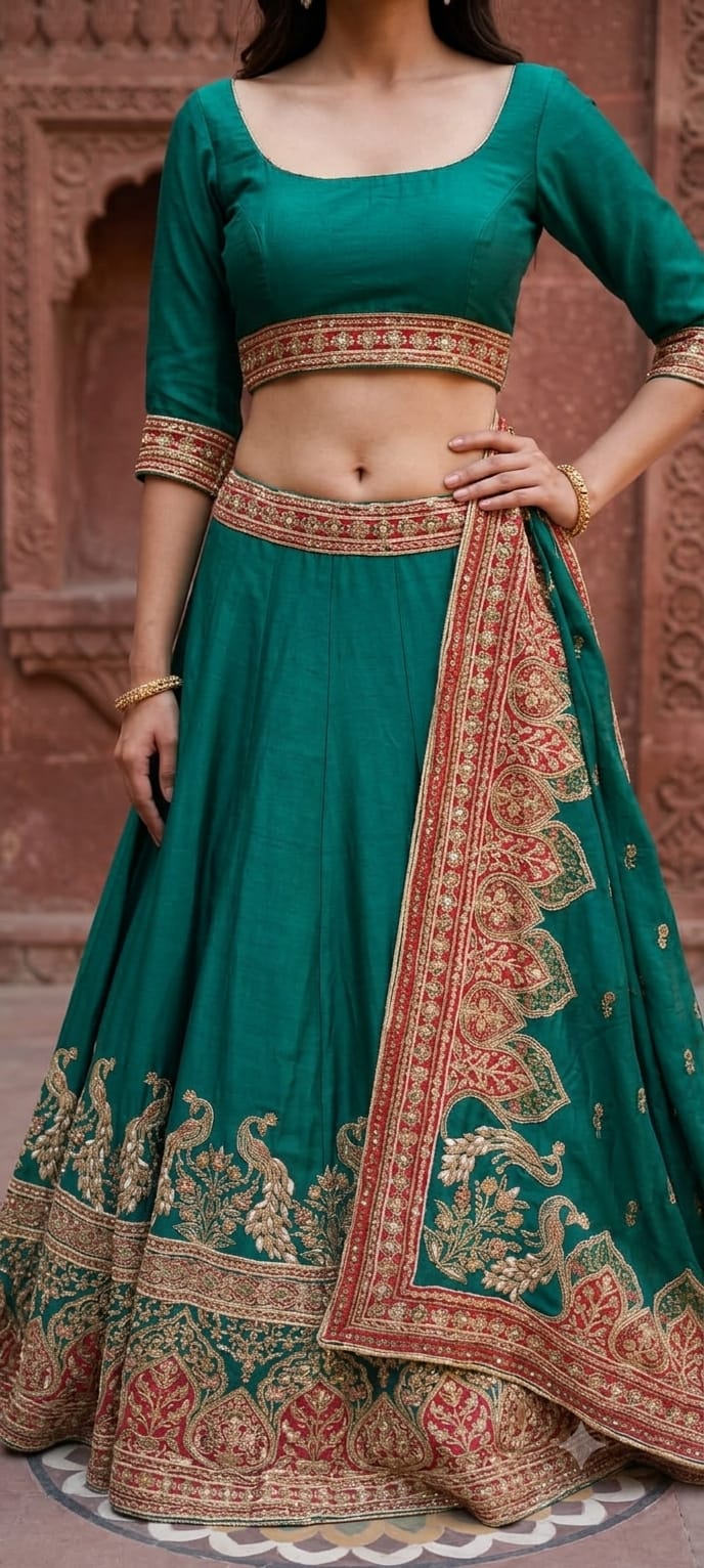 Green crepe crop-top lehenga with heavy embroidery.