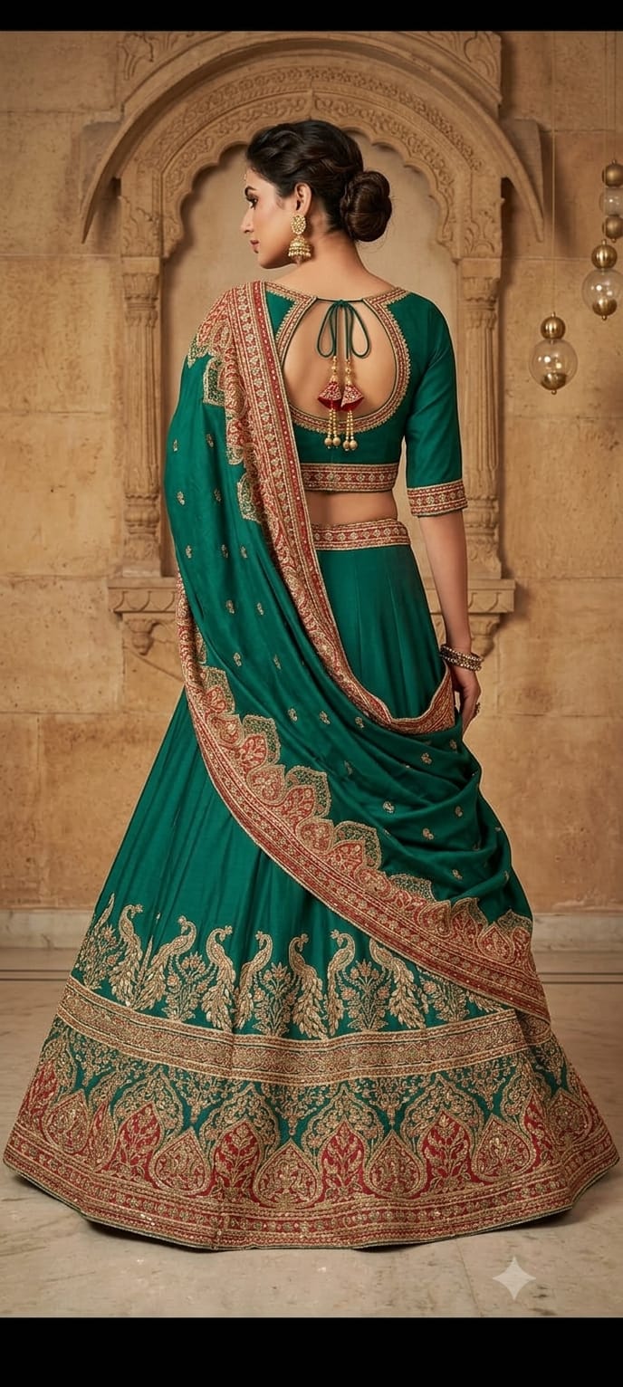 Green crepe crop-top lehenga with heavy embroidery.