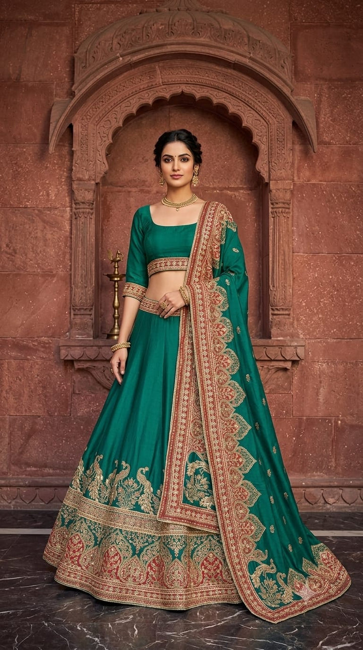 Green crepe crop-top lehenga with heavy embroidery.