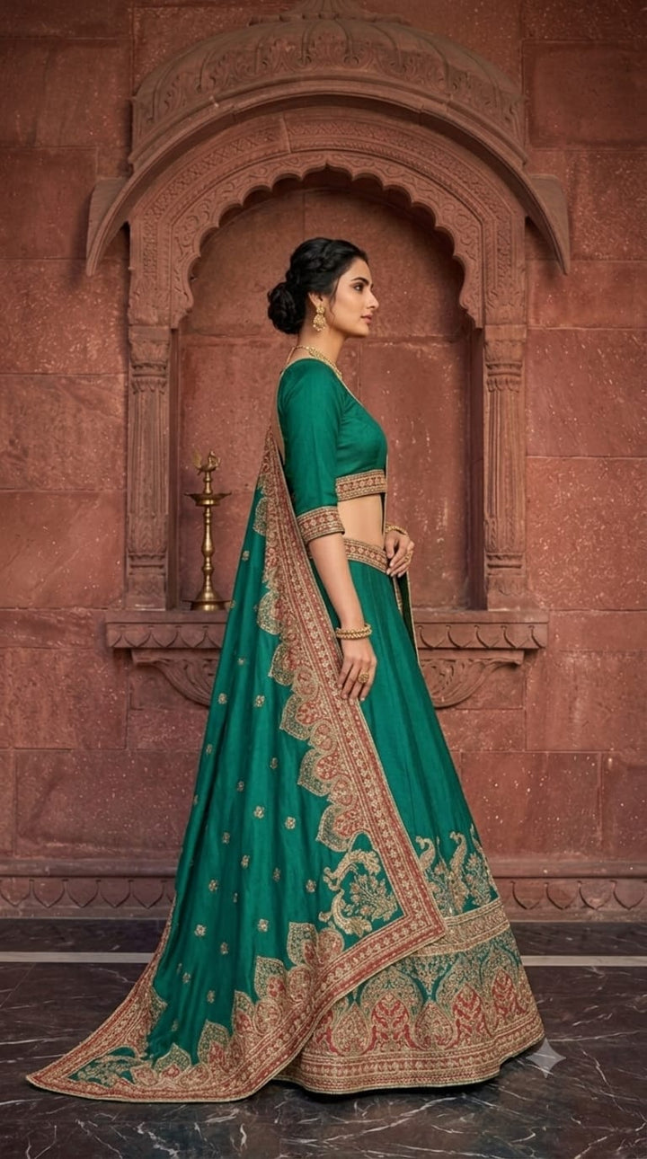 Green crepe crop-top lehenga with heavy embroidery.
