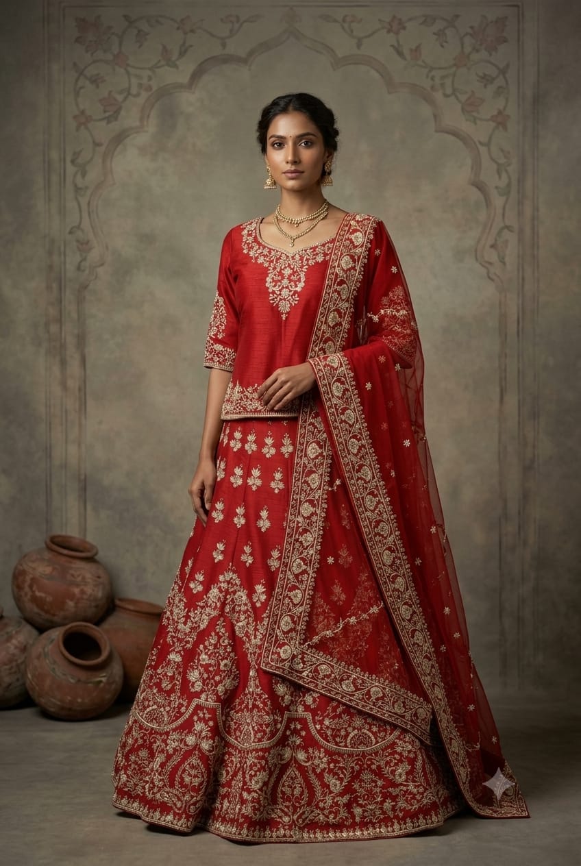 Reddish Mahroon Raw Silk Short Kurti Lehenga And Graceful Dupatta
