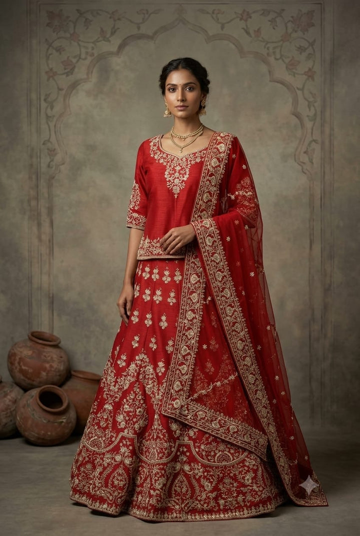Reddish Mahroon Raw Silk Short Kurti Lehenga And Graceful Dupatta